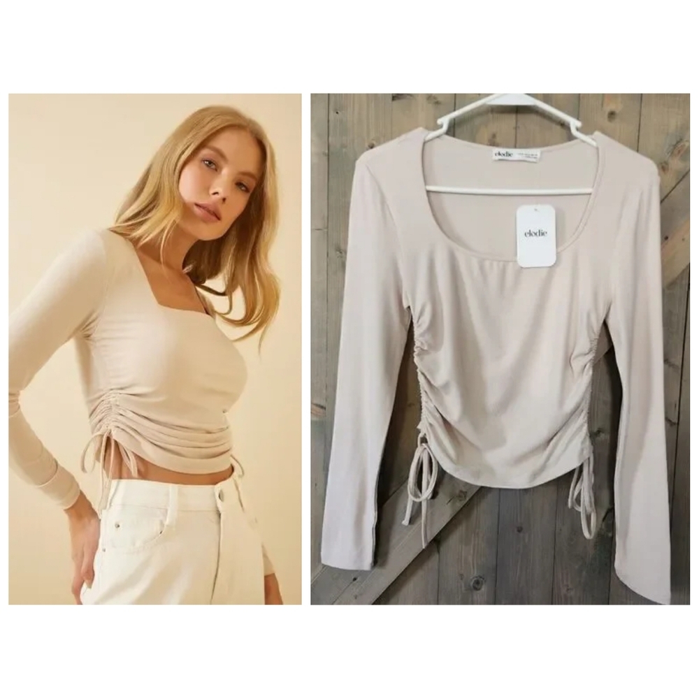 Elodie Cropped Fitted Long Sleeve Beige Top NWT size Medium